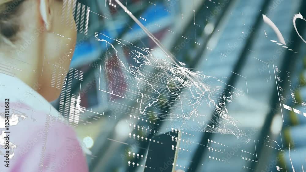 Poster world map and data processing animation over person using smartphone