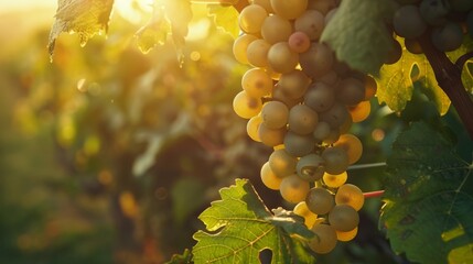 Sun-kissed vineyards reveal ripe, golden grapes hanging from the vine, a testament to nature's sweet bounty in a scenic landscape.