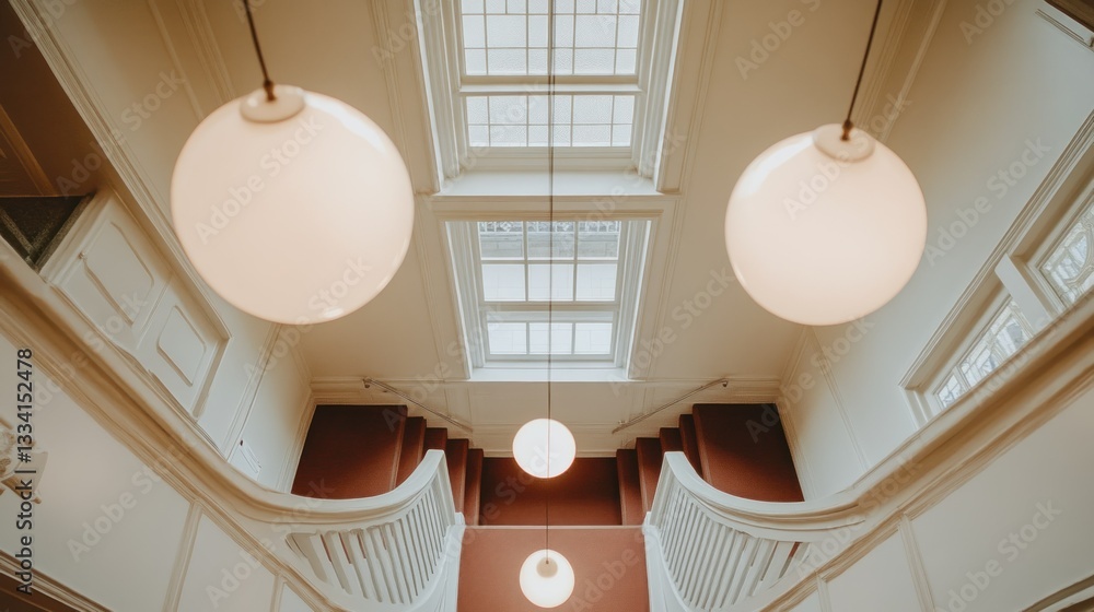 Poster a grand staircase with multiple orb lights illuminating a hall
