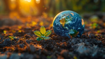 Symbolic depiction of a tiny sprout emerging from fertile earth, adjacent to a globe, illuminated by a golden sunrise.