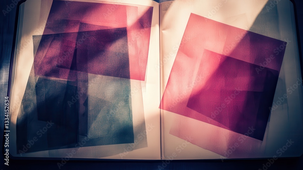 Poster transparent color sheets layered on open book pages