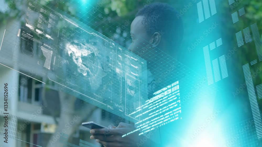 Poster young man using smartphone with digital world map and data overlay animation