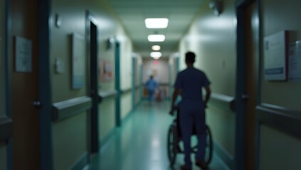 Hospital Worker Pushing Wheelchair In Dimly Lit Corridor