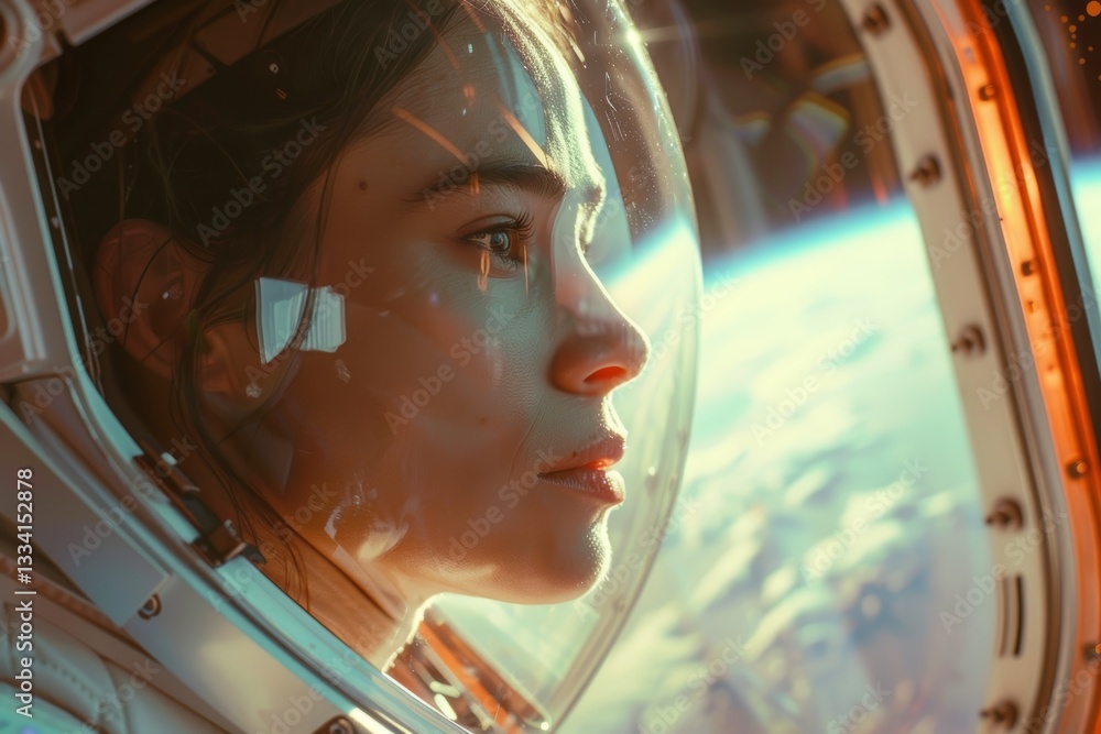 Poster thoughtful space traveler gazes out from a spaceship window, contemplating the cosmic wonders and di