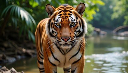 Obraz premium Sumatran Tiger Panthera tigris sumatrae stands near serene river in lush, tropical forest. Wildlife conservation campaigns, educational materials, nature-themed projects. Critically endangered species