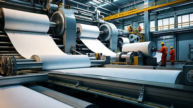 Modern Paper Manufacturing Factory with Large Industrial Rollers, Automated Machinery, and Workers in Safety Gear

