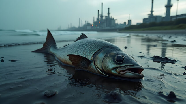 A dead fish lying on a polluted shoreline covered in crude oil, with an industrial refinery in the distance. Dark contrast, realistic oil texture, powerful environmental message, ultra-HD