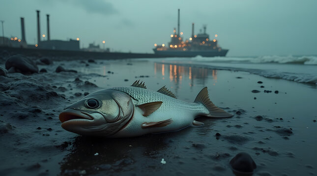 A dead fish lying on a polluted shoreline covered in crude oil, with an industrial refinery in the distance. Dark contrast, realistic oil texture, powerful environmental message, ultra-HD