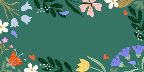 Obraz premium Spring background frame with blooming flowers in vector, flat style.