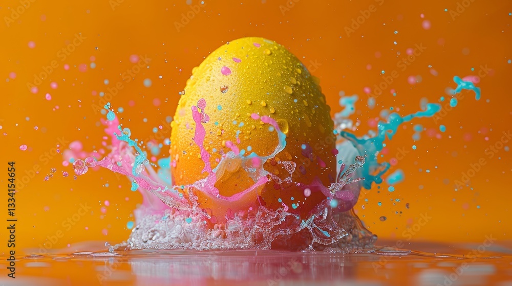 Poster vibrant explosion of colorful liquid around a textured sphere, capturing the energy and movement of 