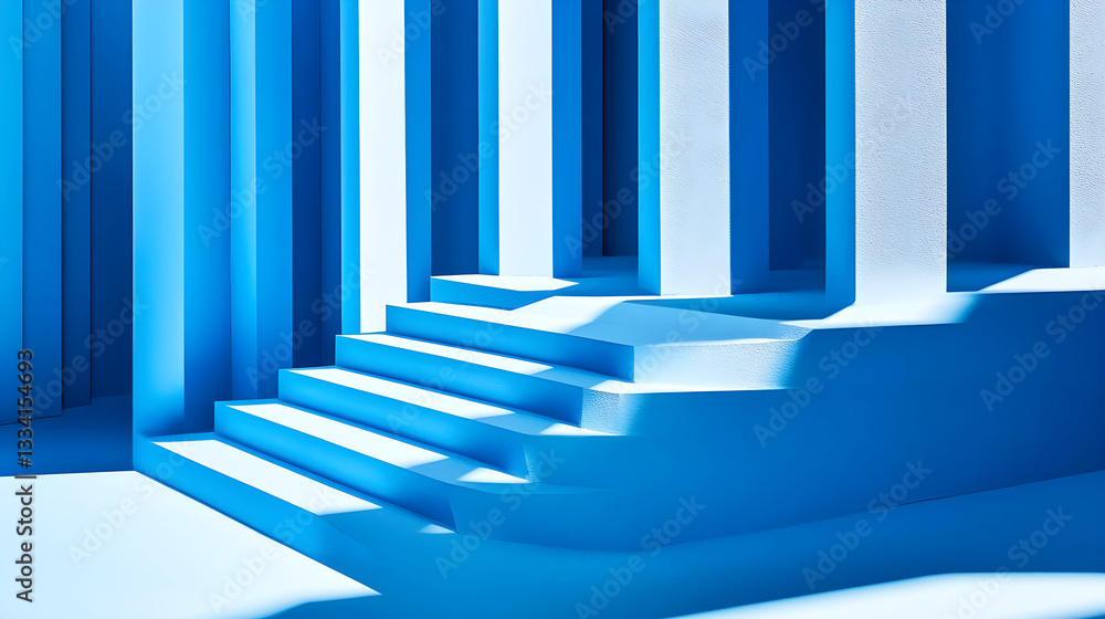 Poster modern abstract architectural scene with blue and white geometric structures, stairs, and columns, c