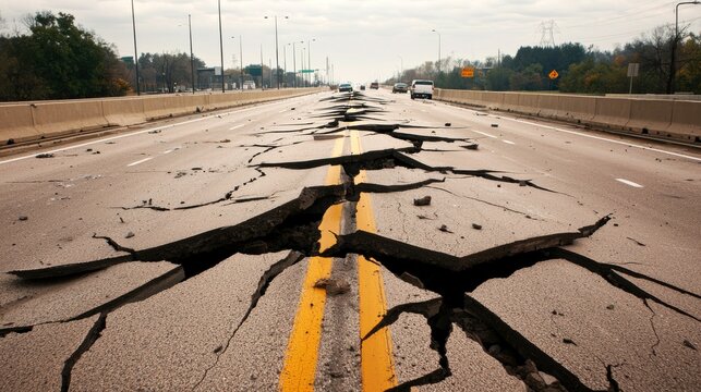A cracked road due to an earthquake, showcasing severe damage and disruption to the infrastructure.