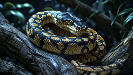 Fototapeta premium Close-Up of a Snake in Its Natural Habitat, Showcasing Intricate Scale Patterns and Depth 