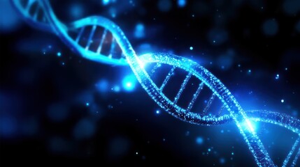 Abstract DNA double helix in blue on a dark background, symbolizing gene sequencing, CRISPR gene editing, and genetic advancements