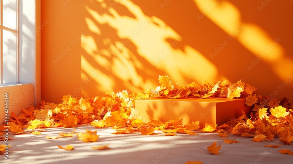 Poster warm autumn display with a solid orange pedestal overflowing with vibrant fall foliage under the gen