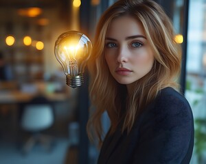 Naklejka premium A young woman with a glowing light bulb is shown