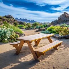 Obraz premium Scenic Wooden Picnic Table in Desert Garden Landscape