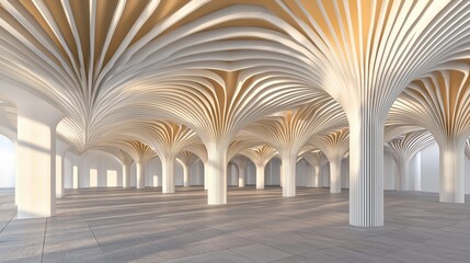 A grand, futuristic interior with a striking geometric ceiling design.