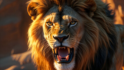 Naklejka premium Wildlife Art of a Roaring Lion Showcasing Strength, Power, and Dramatic Contrast 