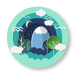 surreal mountains with mountain, trees, clouds, moon, and stars.