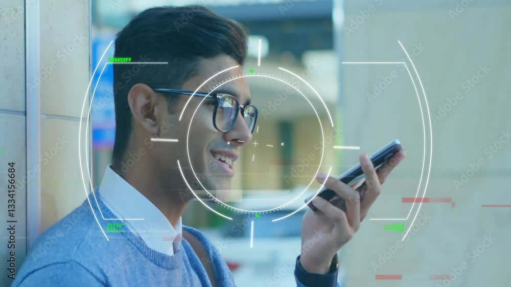 Poster using smartphone, man interacting with digital animation overlay of future tech elements