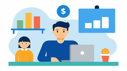Obraz premium Family Financial Planning An employee at their workstation with a family photo on the desk and a chart titled Family Budget Goals indicating the integration of personal and