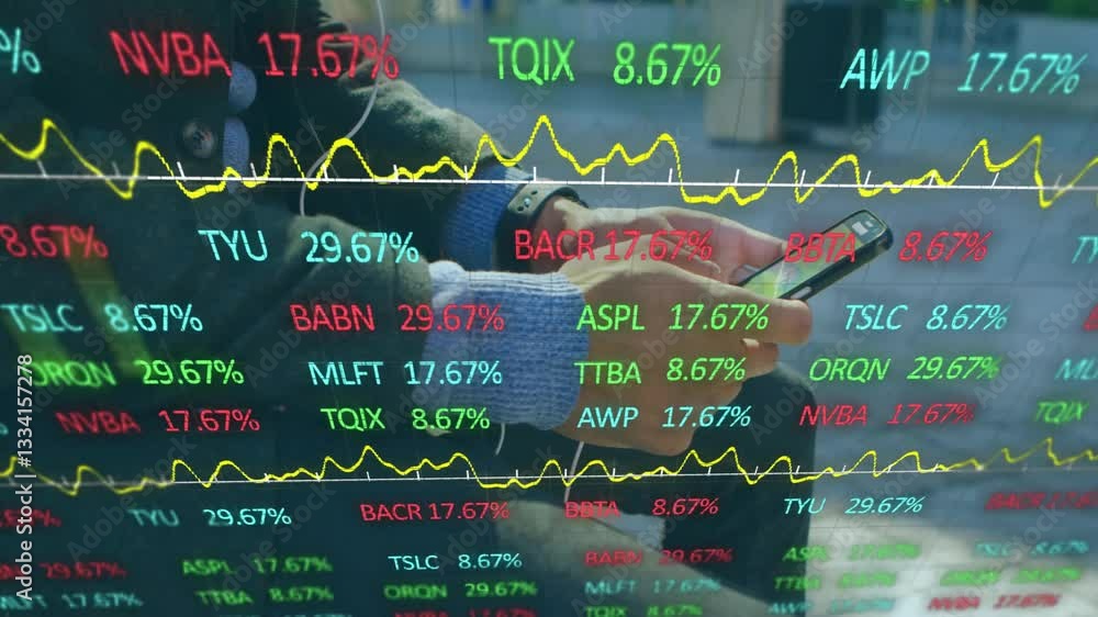 Poster using smartphone in office, person analyzing stock market data and graphs animation