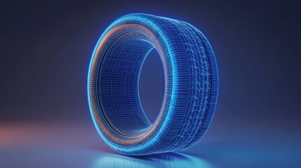 Futuristic Digital Wireframe Tire Design with Vibrant Neon Blue Glowing Effect