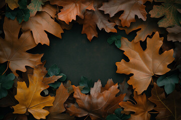 Autumn Leaves Frame with Copy Space on Dark Background