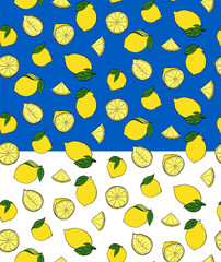 Lemons whole and cut seamless pattern. green leaves. Vector graphic line ink yellow illustration on transparent background. fruit background for banners, print for fabric, labels, t-shirt