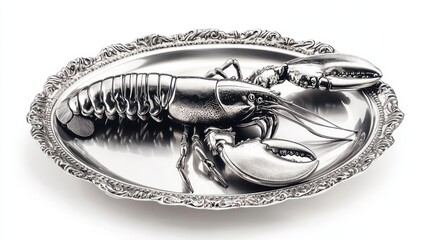 A silver sculpture of a lobster resting on an ornate platter