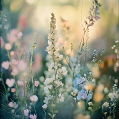 Fototapeta premium Delicate wildflowers blooming in a sunlit garden environment provide beauty