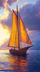 Fototapeta premium A sailboat gracefully sails on a body of water at sunset