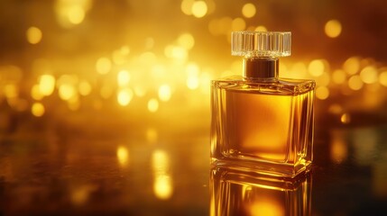 A Luxurious Bottle of Perfume on a Golden Background with Sparkling Lights