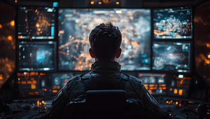 Futuristic Operator Monitoring Cityscape on Multiple Screens