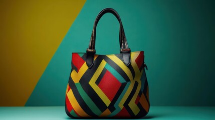 Vibrant Geometric Handbag on Colorful Background in Studio Setting