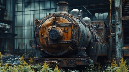 Fototapeta premium An abandoned locomotive's rusted mechanical components, surrounded by overgrown grass