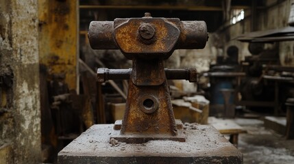 An old blacksmith's power hammer with rusted arms and anvil, coated in dust
