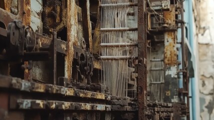 An old mechanical loom with rusted metal frames and frayed threads, left in decay