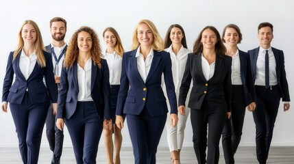 Obraz premium Diverse Group of Business Professionals in Formal Attire Walking Together in Office Setting