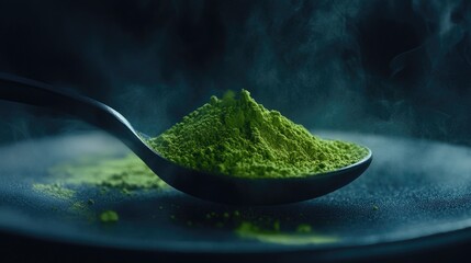 A black spoon with vibrant green matcha powder, resting on a white ceramic plate