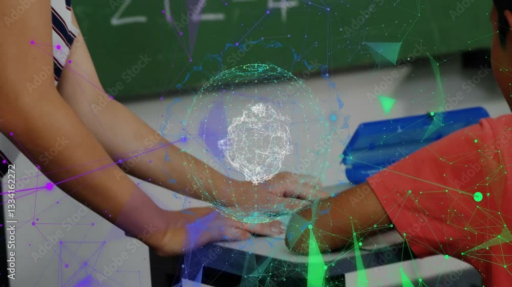 Poster in school, children interacting with digital network animation in classroom setting