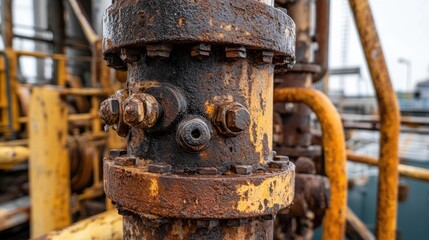 A close-up of corroded nuts and bolts on an old, decommissioned industrial crane