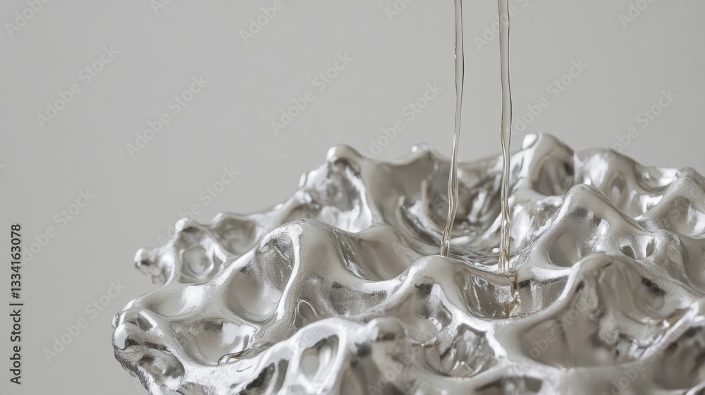 Poster two streams pouring into a metallic textured sculptural object