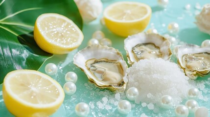Freshly opened oysters are plated alongside cut lemons and pearls