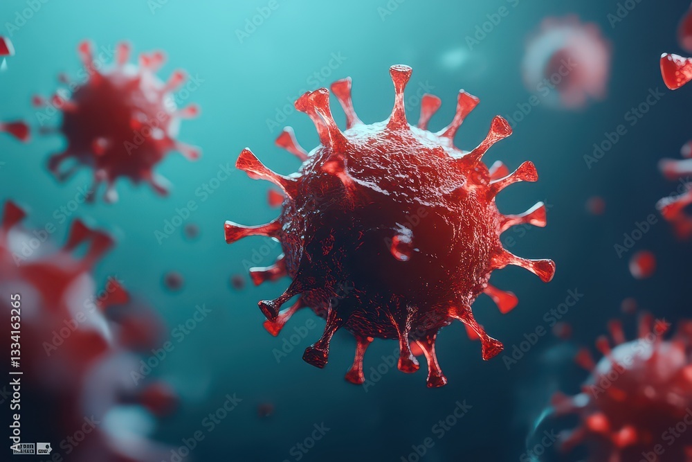 Poster close-up view of a virus particle in a microscopic environment, showcasing intricate details and vib