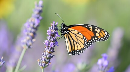 Obraz premium A beautiful butterfly perched on purple lavender flowers happily