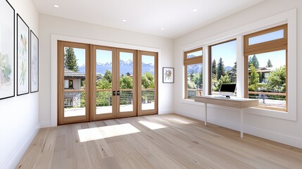Fototapeta premium Bright Minimalist Home Office with Mountain View and Natural Light