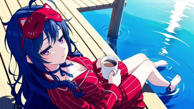 Cute and sleepy anime girl drinking coffee with a river in the background