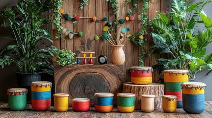Fototapeta premium Colorful wooden drums studio photoshoot, jungle backdrop
